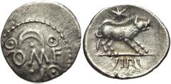 CELTIC, Britain. Atrebates & Regni . Verica. Circa AD 10-40. AR Unit (14mm, 1.23 g, 3h). Crescent and pellet above and below large COMF; pellet-in-annulets around / Boar standing right on exergual lin