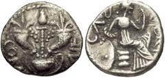 CELTIC, Britain. Atrebates & Regni . Verica. Circa AD 10-40. AR Unit (13mm, 1.20 g, 7h). Thyrsos between two cornuacopias, all issuing from kantharos / Female seated on cuirass right; shield behind. V