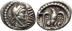 CELTIC, Britain. Trinovantes & Catuvellauni . Epaticcus. Circa AD 35-43. AR Unit (12mm, 1.28 g, 12h). Head of Herakles right; pellet in annulet to left, EPATI to right / Eagle standing facing on snake