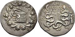 LYDIA, Nysa. Circa 133-67 BC. AR Tetradrachm (25mm, 12.55 g, 12h). Cistophoric type. Anneoteros, magistrate. Dated CY 23 (112/1 BC). Cista mystica with serpent; all within ivy wreath / Bow-case with s