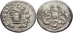 LYDIA, Tralleis. Circa 166-67 BC. AR Tetradrachm (27mm, 12.48 g, 12h). Cistophoric type. Struck 134-128 BC. Cista mystica with serpent; all within ivy wreath / Bow-case with serpents; A above; to righ
