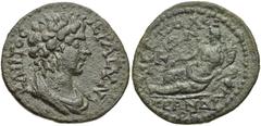 LYDIA, Tripolis. Pseudo-autonomous issue. 3rd century AD. Æ 26mm (7.67 g, 12h). Bare-headed and draped bust of Senate right / River-god Maiandros reclining left, holding reed and cornucopia, on overtu