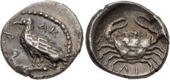 Greek SICILY, Akragas. Circa 450-440 BC. AR Litra (9mm, 0.58 g, 7h). Eagle standing left on Ionic capital / Crab; ΛI (mark of value) below. Westermark, Coinage, Period II, Series B.1 (unlisted dies); 