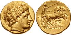 Greek KINGS of MACEDON. temp. Philip III – Kassander. Circa 323/2-315 BC. AV Stater (18mm, 8.62 g, 12h). In the name and types of Philip II. Pella mint. Head of Apollo right, wearing laurel wreath / Φ