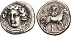 Greek THESSALY, Larissa. Circa 380-365 BC. AR Drachm (19mm, 5.98 g, 10h). Head of the nymph Larissa facing slightly left, wearing ampyx and necklace / Thessalos, wearing petasos and chlamys, preparing