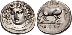 Greek THESSALY, Larissa. Circa 365-356 BC. AR Drachm (19.5mm, 6.16 g, 12h). Head of the nymph Larissa facing slightly left, wearing ampyx and necklace / Horse standing left, preparing to lie down. Lor