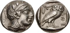 Greek ATTICA, Athens. Circa 454-404 BC. AR Tetradrachm (24mm, 17.09 g, 4h). Helmeted head of Athena right, with frontal eye / Owl standing right, head facing, closed tail feathers; olive sprig and cre