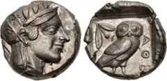 Greek ATTICA, Athens. Circa 454-404 BC. AR Tetradrachm (23mm, 17.18 g, 1h). Helmeted head of Athena right, with frontal eye / Owl standing right, head facing, [closed tail feathers]; olive sprig and c