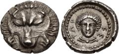 Greek LYCIA, Tlos. 4th century BC. AR Sixth Stater – Diobol (13mm, 1.32 g, 7h). Facing lion scalp / Laureate head of Apollo facing, drapery around neck, in dotted circle within incuse circle. Müseler 