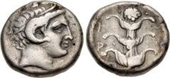 Greek KYRENAICA, Kyrene. temp. Magas. Circa 294-275 BC. AR Didrachm (19mm, 7.62 g, 6h). Head of Zeus Karneios left / Silphion plant; no control marks. BMC 227; SNG Copenhagen –. Lightly toned, some ro
