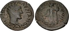 Roman Provincial CILICIA, Anemurium. Valerian I. AD 253-260. Æ (27mm, 7.56 g, 7h). Dated RY 2 (AD 254/5). Radiate and draped bust right / Dionysus standing facing, head left, holding kantharos and thy