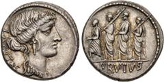 Roman Republican Q. Servilius Caepio (M. Junius) Brutus. 54 BC. AR Denarius (19mm, 3.91 g, 1h). Rome mint. Head of Libertas right, no jewels in hair / The consul L. Junius Brutus walking left between 