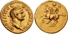 Roman Imperial Domitian. As Caesar, AD 69-81. AV Aureus (19.5mm, 7.04 g, 12h). Rome mint. Struck under Vespasian, AD 73-early 75. CAES AVG F DOMIT COS II, laureate head right / Domitian on horse pranc
