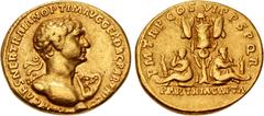 Roman Imperial Trajan. AD 98-117. AV Aureus (19mm, 6.69 g, 7h). Rome mint. Struck after 20 February-circa autumn AD 116. IMP CAES NER TRAIAN OPTIM AVG GER DAC PARTHICO, laureate bust right with bare c