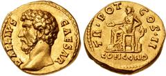 Roman Imperial Aelius. Caesar, AD 136-138. AV Aureus (18mm, 6.66 g, 6h). Rome mint. Struck under Hadrian, AD 137. L • AELIVS CAESAR, bare head left / TR • POT COS • II, CONCORD in exergue, Concordia, 