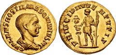 Roman Imperial Hostilian. As Caesar, AD 250-251. AV Aureus (18.5mm, 3.66 g, 5h). Rome mint, 5th officina. 5th emission of Trajan Decius, AD 251. C VALENS HOSTIL MES QVINTVS N C, bareheaded and draped 