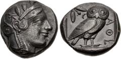 Greek ATTICA, Athens. Circa 454-404 BC. AR Tetradrachm (22mm, 17.05 g, 8h). Helmeted head of Athena right, with frontal eye / Owl standing right, head facing, closed tail feathers; olive sprig and cre