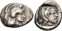 Greek DYNASTS of LYCIA. temp. Ddenewele or Erbbina. Circa 410-390 BC. AR Stater (23.5mm, 8.45 g, 9h). Telmessos mint. Helmeted head of Athena right / Bearded head of Herakles right, wearing lion skin.