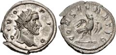 Roman Imperial Divus Antoninus Pius. Died AD 161. AR Antoninianus (23mm, 3.44 g, 6h). Consecration issue. Rome mint, 4th officina. 8th emission of Trajan Decius, mid AD 251. DIVO PIO, radiate head of 