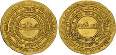 Egypt and Syria Fatimids. al-Mu'izz li-Din Allah. AH 341-365 / AD 953-975. AV Dinar (22.9mm, 4.20g, 5h). Al-Mansuriya mint. Dated AH 342 / AD 943/4. Obverse: Three concentric circular legends, the mid