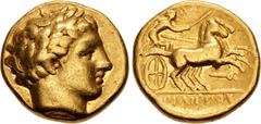 Greek KINGS of MACEDON. temp. Philip II – Alexander III. Circa 340/36-328 BC. AV Stater (17mm, 8.48 g, 9h). In the name and types of Philip II. Amphipolis mint. Laureate head of Apollo right / Chariot
