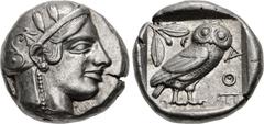 Greek ATTICA, Athens. Circa 454-404 BC. AR Tetradrachm (23.5mm, 17.14 g, 11h). Helmeted head of Athena right, with frontal eye / Owl standing right, head facing, closed tail feathers; olive spray and 