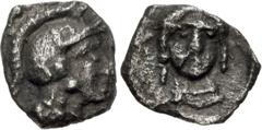 Greek SAMARIA, "Middle Levantine" Series. Circa 375-333 BC. AR Tetartemorion (5mm, 0.11 g, 5h). Helmeted head of Athena right / Head of female facing. Cf. Meshorer & Qedar 126 (obol); cf. Sofaer 26 (h