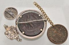 Large Lots MIXED. Greek–World. Lot of four (4) pieces of coin jewelry. Includes: Spanish silver cob issue // Galerius. Æ Follis // Licinius I. Æ Follis // Ptolemaic bronze. Fine to VF. LOT SOLD AS IS,