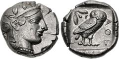 Greek ATTICA, Athens. Circa 454-404 BC. AR Tetradrachm (25.5mm, 17.12 g, 1h). Helmeted head of Athena right, with frontal eye / Owl standing right, head facing, closed tail feathers; olive spray and c