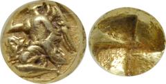 Greek MYSIA, Kyzikos. Circa 450-330 BC. EL Myshemihekte – Twenty-fourth Stater (6mm, 0.67 g). Nike, holding aphlaston in extended right hand, kneeling left on tunny left / Quadripartite incuse square.