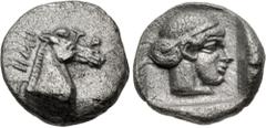 Greek WESTERN ASIA MINOR, Uncertain. 5th century BC. AR Hemiobol(?) (8mm, 0.41 g, 3h). Head of horse right; ΔHMH-TP around / Head of nymph right within incuse square. Cf. AMNG III/2, p. 146, 14 (oktob