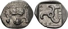 Greek DYNASTS of LYCIA. Mithrapata. Circa 390-370 BC. AR Sixth Stater (14.5mm, 1.38 g). Uncertain mint. Facing lion scalp / Triskeles; labrys in one section; all within incuse square. CNG E-473, lot 1