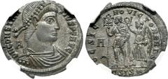 Roman Imperial Constantius II. AD 337-361. Æ Follis (24mm, 4.92 g, 6h). Siscia mint, 3rd officina. Struck 19 January-25 December AD 350. Pearl-diademed, draped, and cuirassed bust right; A to left / H