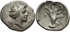 ELIS, Olympia. 109th-110th Olympiad. 344/0 BC. AR Hemidrachm (18mm, 2.51 g, 11h). Hera mint. Head of the nymph Olympia right / Eagle standing left, head right, wings raised, on stone. BCD Olympia 186 