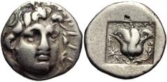 ISLANDS off CARIA, Rhodos. Rhodes . Circa 170-150 BC. AR Hemidrachm (11mm, 1.34 g, 12h). ‘Plinthophoric’ coinage. Xenophantos, magistrate. Radiate head of Helios facing slightly right / Rose, bud to r