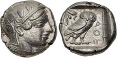 Greek ATTICA, Athens. Circa 454-404 BC. AR Tetradrachm (23.5mm, 17.19 g, 7h). Helmeted head of Athena right, with frontal eye / Owl standing right, head facing, closed tail feathers; olive spray and c