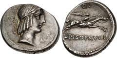Roman Republican L. Calpurnius Piso Frugi. 90 BC. AR Denarius (18.5mm, 4.09 g, 1h). Rome mint. Laureate head of Apollo right; * behind head, A below chin / Horseman, holding palm frond and reins, gall