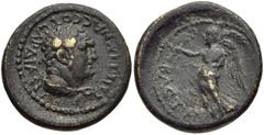 LYDIA, Sardis. Pseudo-autonomous issue. Time of Nero, circa AD 65. Æ 16mm (3.03 g, 11h). Ti. Cl. Mnaseas, strategos(?). Laureate bust of Herakles right, lion’s skin draped around neck / Nike advancing