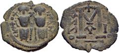 ISLAMIC, Umayyad Caliphate. Uncertain period (pre-reform). AH 41-77 / AD 661-697. Æ Follis (27mm, 6.24 g, 6h). Arab-Byzantine type, imitating Justin II. Scythopolis (Beit She'an) mint. Justin and Soph