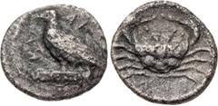 Greek SICILY, Akragas. Circa 450-440 BC. AR Litra (9.5mm, 0.54 g, 11h). Eagle standing left on Ionic capital / Crab; ΛI (mark of value) below. Westermark, Coinage, Period II, Series B.1; HGC 2, 121. T