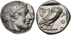 Greek ATTICA, Athens. Circa 454-404 BC. AR Tetradrachm (22.5mm, 17.17 g, 8h). Helmeted head of Athena right, with frontal eye / Owl standing right, head facing, closed tail feathers; olive spray and c