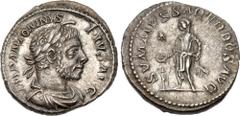 Roman Imperial Elagabalus. AD 218-222. AR Denarius (19mm, 3.36 g, 6h). Rome mint. Struck AD 221-222. Laureate and draped bust right, wearing horn and beard / SVMMVS SACERDOS AVG, Elagabalus standing l