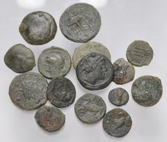Large Lots GREEK. Magna Graecia & Sicily. Lot of fifteen (15) bronze issues. Includes: various types, with two (2) Roman Republican issues. Near Fine to Near VF. LOT SOLD AS IS, NO RETURNS. Fifteen (1