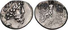 Greek SELEUKID EMPIRE. Demetrios II Nikator. Second reign, 129-125 BC. AR Tetradrachm (30mm, 15.78 g, 12h). Damaskos mint. Dated SE 184 (129/8 BC). Diademed and bearded head right / Zeus Nikephoros se