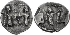 Greek SAMARIA, "Middle Levantine" Series. Circa 375-333 BC. AR Hemiobol (9.5mm, 0.38 g, 9h). Two figures advancing left, carrying animal tied to pole suspended on their shoulders; below, animal advanc