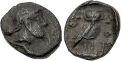 Greek PHILISTIA (PALESTINE), Uncertain mint. Mid 5th century-333 BC. AR Hemiobol (7mm, 0.31 g, 1h). Female head right / Owl standing right, head facing; [olive spray] and Udjat eye to left; all within