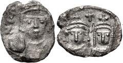 Byzantine Coins from the Ken Bressett Collection Heraclius. 610-641. AR Half Siliqua (10mm, 0.67 g, 3h). Carthage mint. Struck 614-641. D. N. ERACLIO PP AV, crowned facing bust / Crowned busts of Hera