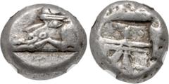 Greek LYCIA, Phaselis. Circa 530-500 BC. AR Stater (24mm, 10.96 g, 10h). Prow of galley left, terminating in a boar's forepart / Incuse square divided by two bands, with Λ-shaped feature in one sectio