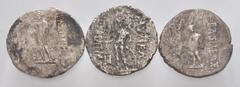 Large Lots ORIENTAL GREEK. Baktria. Lot of three (3) AR Tetradrachms. Includes: Demetrios I Aniketos // Eukratides II Soter (2). Rough surfaces, corrosion, numerous cleaning scratches. Near Fine to Ne