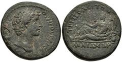 LYDIA, Tripolis. Marcus Aurelius. As Caesar, AD 139-161. Æ 26mm (13.55 g, 12h). Bare head right / River-god Maiandros reclining left, holding reed and cornucopia, resting on overturned amphora from wh